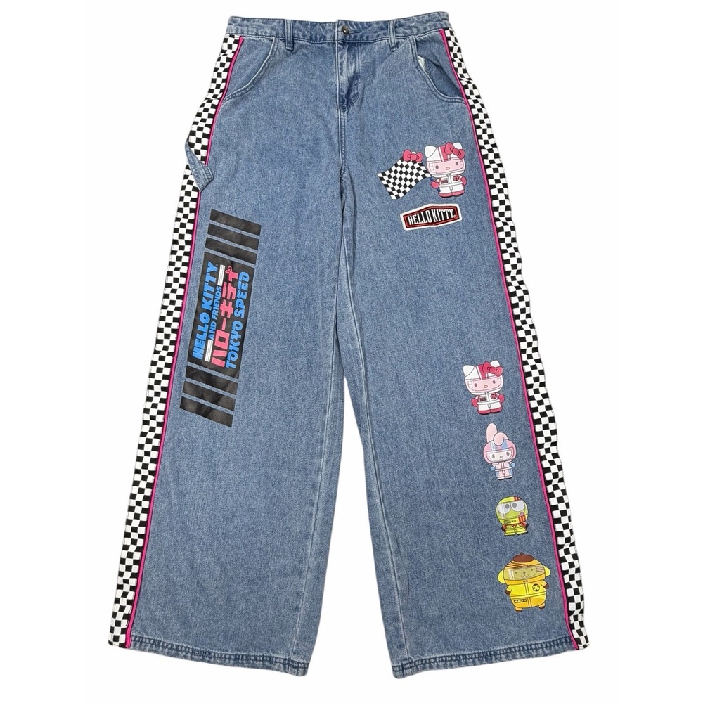 Hello Kitty x Friends Racing Baggy Jeans Checker Wide Bottom Women Size 13
